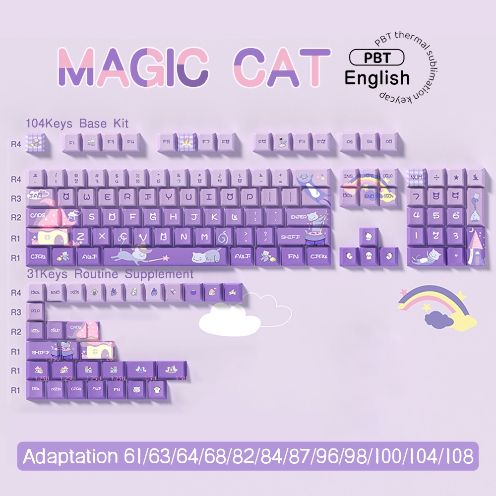 Magic Cat Keycaps Nắp Phím Cơ 7U Và ISO Họa Tiết Mèo Ma Thuật Màu Tím Dễ Thương