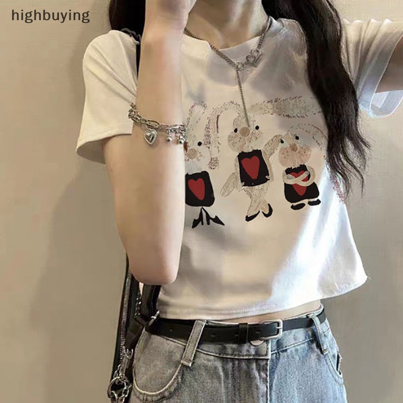 Áo Thun Lửng Ngắn Tay Cổ Tròn In Hình Thỏ Hoạt Hình Phong Cách Retro Mỹ Cho Nữ