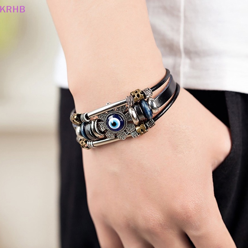 Vòng Tay Da Nhiều Lớp Gắn Hình Mắt Quỷ May Mắn Phong Cách Punk Thời Trang Cho Nam Và Nữ Mới