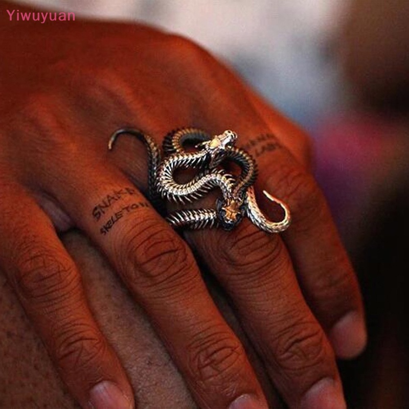 < Yiwuyuan > Nhẫn Hình Rắn Hổ Phách Trắng Đen Có Thể Điều Chỉnh Phong Cách Punk Hiphop Cho Nam Và Nữ