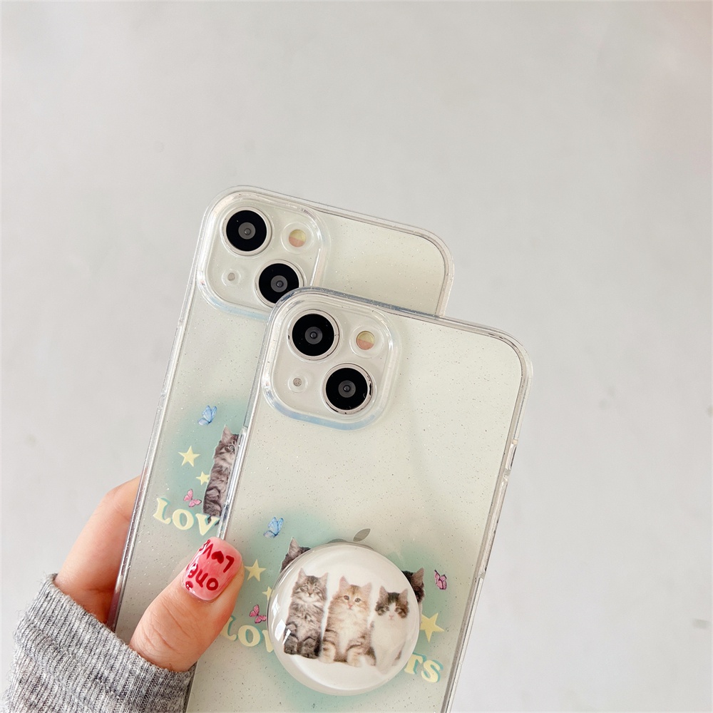 Ốp Điện Thoại TPU Dẻo Trong Suốt Họa Tiết Chú Mèo Dễ Thương Chống Sốc Kèm Giá Đỡ Cho iPhone 11 13 12 14 Pro Max
