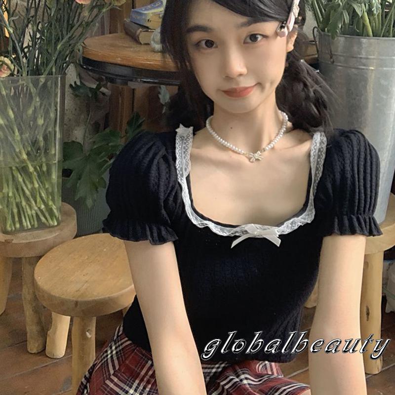 Áo Croptop Cổ Vuông Tay Phồng Phối Ren Thời Trang Mùa Hè Cho Nữ