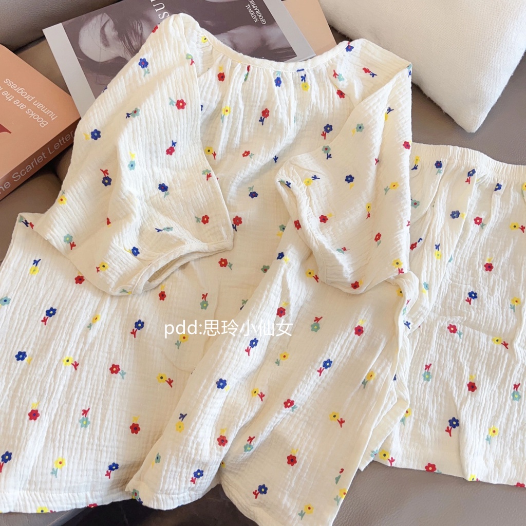 Bộ Đồ Ngủ Ngắn Tay Họa Tiết Hoa Thời Trang Mùa Hè Hàn Quốc Mới Cho Nữ