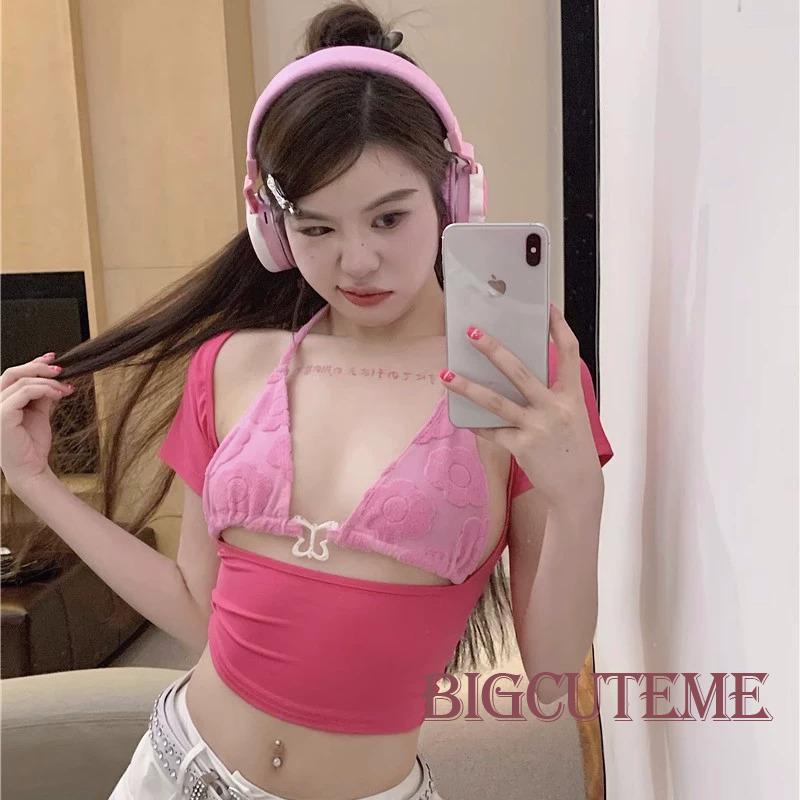 [] - Bra + Áo Thun Khoét Lỗ Tay Ngắn Màu Đỏ Hồng Có Dây Buộc Hình Hoa Mùa Hè Cho Nữ