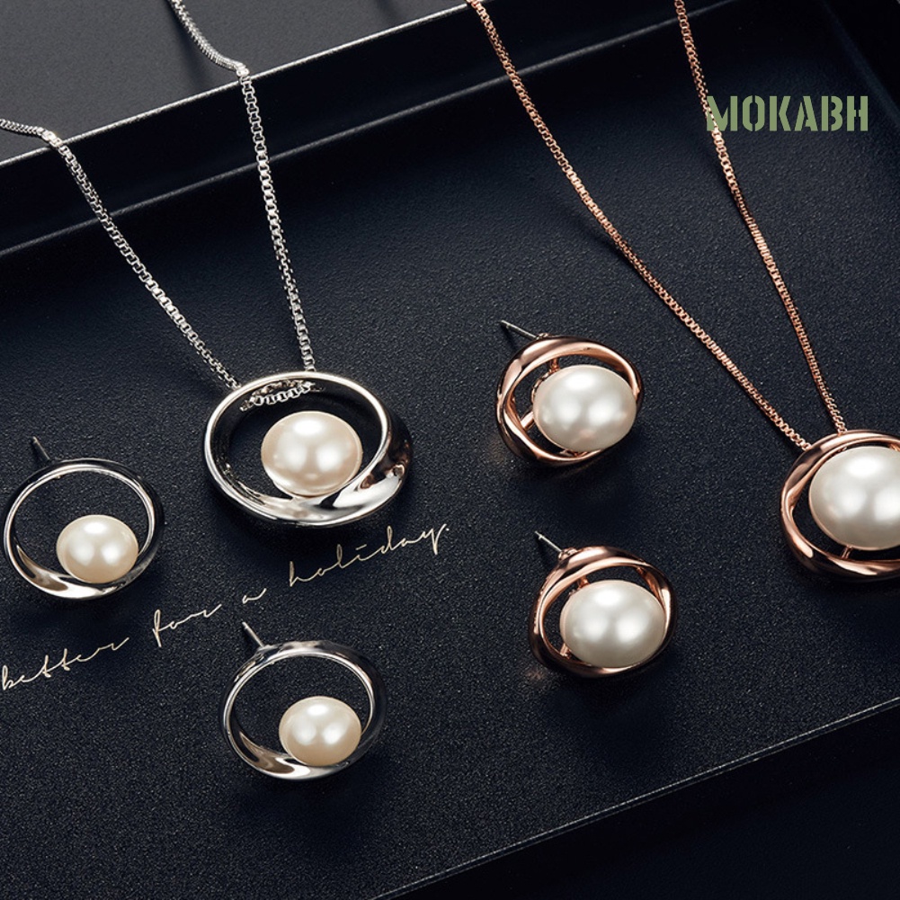 Bộ Vòng cổ + Bông Tai Đính Ngọc Trai Nhân Tạo Hình Tròn Cho Nữ