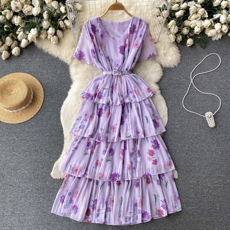 Đầm Chữ A Ngắn Tay Lưng Cao Cổ Chữ V In Họa Tiết Vintage Thời Trang Cho Nữ