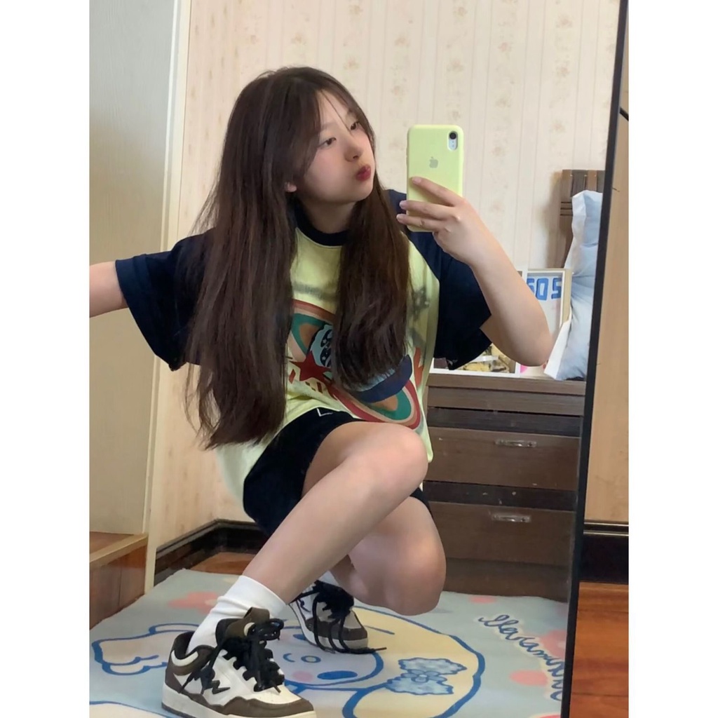 Áo Thun Raglan Tay Ngắn Dáng Rộng Màu Sắc Retro Dành Cho Nữ