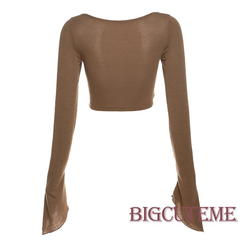 []] Áo Thun Crop Top Dây Rút Tay Chuông Dài Màu Trơn Ôm Dáng Vừa Vặn Cho Nữ
