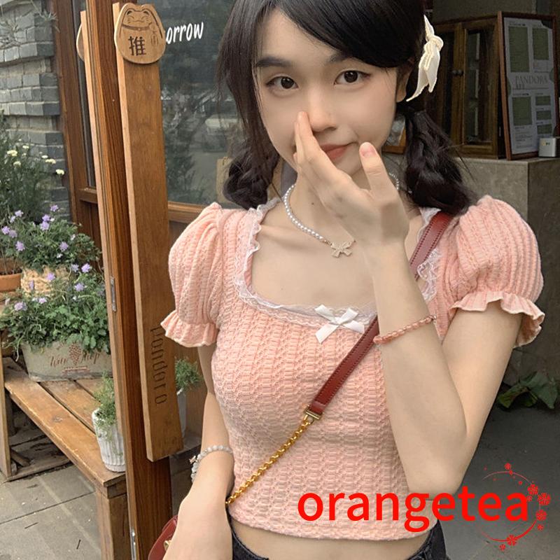 Áo Croptop Tay Phồng Ngắn Cổ Vuông Viền Ren Thời Trang Mùa Hè Cho Nữ