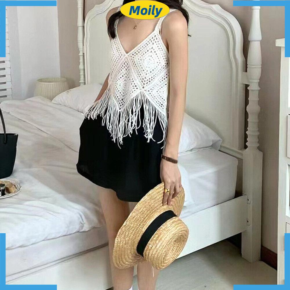 Áo Croptop Dệt Kim Hai Dây Phong Cách Boho Thời Trang Mùa Hè Cho Nữ
