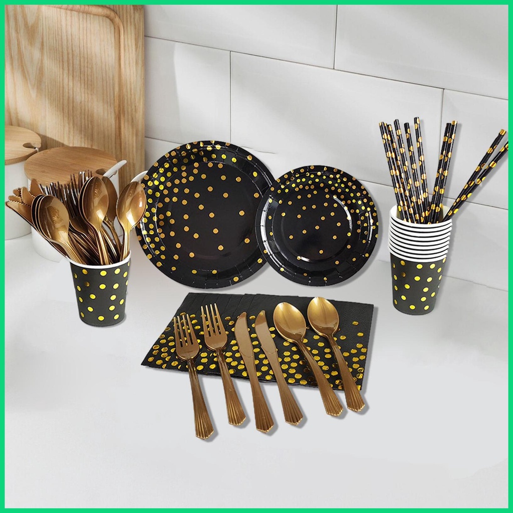 Bộ Đĩa Ăn Bằng Giấy Họa Tiết Chấm Bi Màu Vàng Tiện Dụng