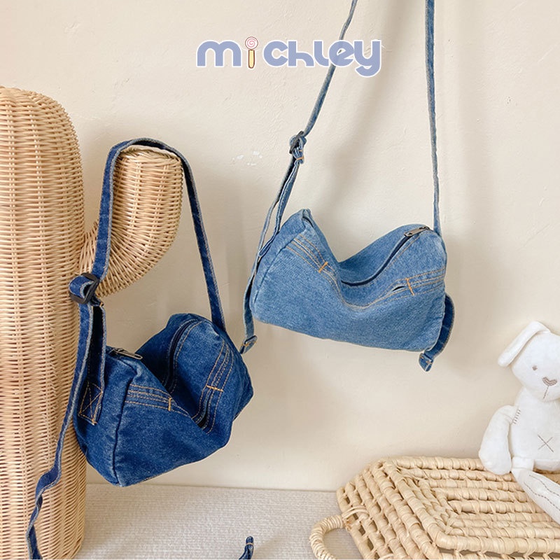 Michley Túi denim Đeo Vai Sức Chứa Lớn Đơn Giản Dễ Phối Đồ Phong Cách Hàn Quốc Cho Bé Trai Và Bé Gái