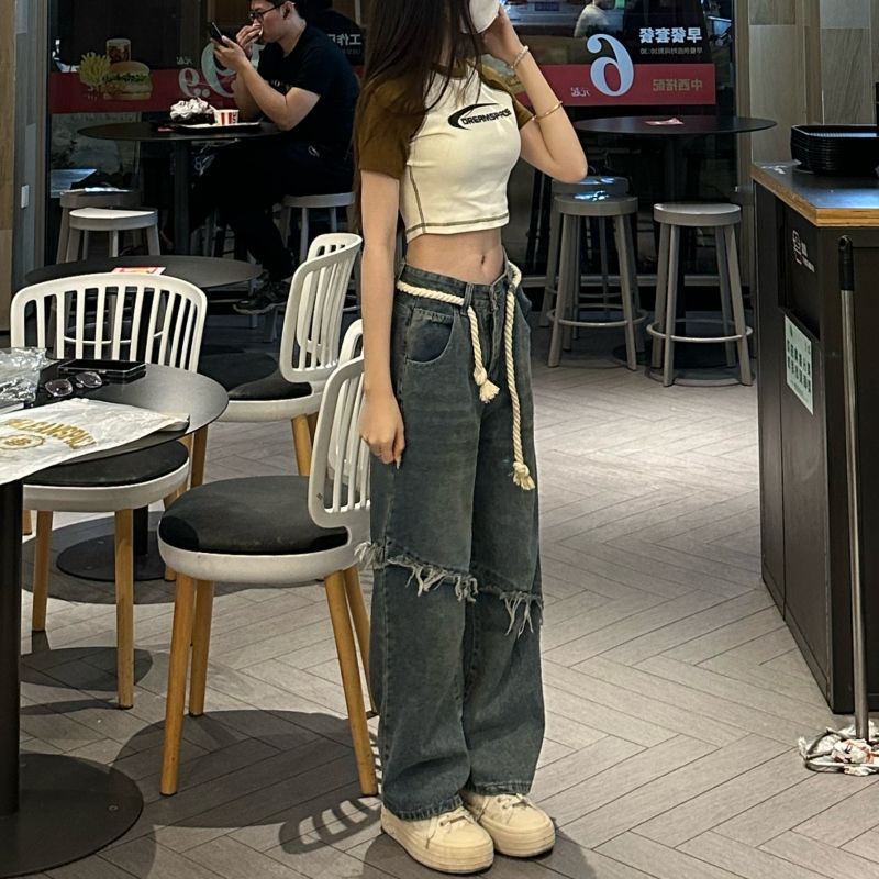 Quần Jean Dài Ống Rộng Lưng Cao Phong Cách Hong Kong Thời Trang Mùa Hè Mới Cho Nữ