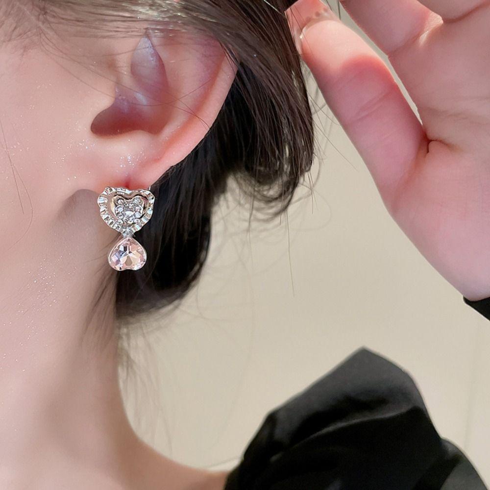 BACK2LIFE Đôi Bông Tai Hình Trái Tim / Nơ Màu Bạc / Hồng Thời Trang Lãng Mạn Dành Cho Nữ