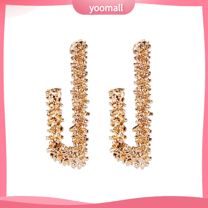 [YM] Bông Tai Hình Vuông Khắc Họa Tiết Hình Học Mặt Nhám Phong Cách Retro