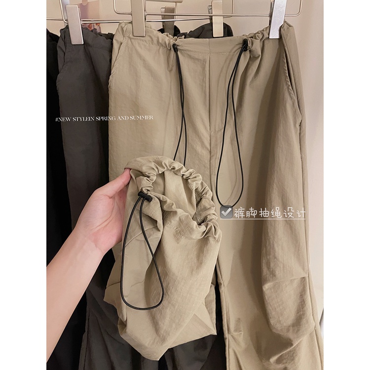 SUXI Quần ống rộng Lưng Cao Phối Dây Rút Thời Trang Mùa Hè Phong Cách Vintage