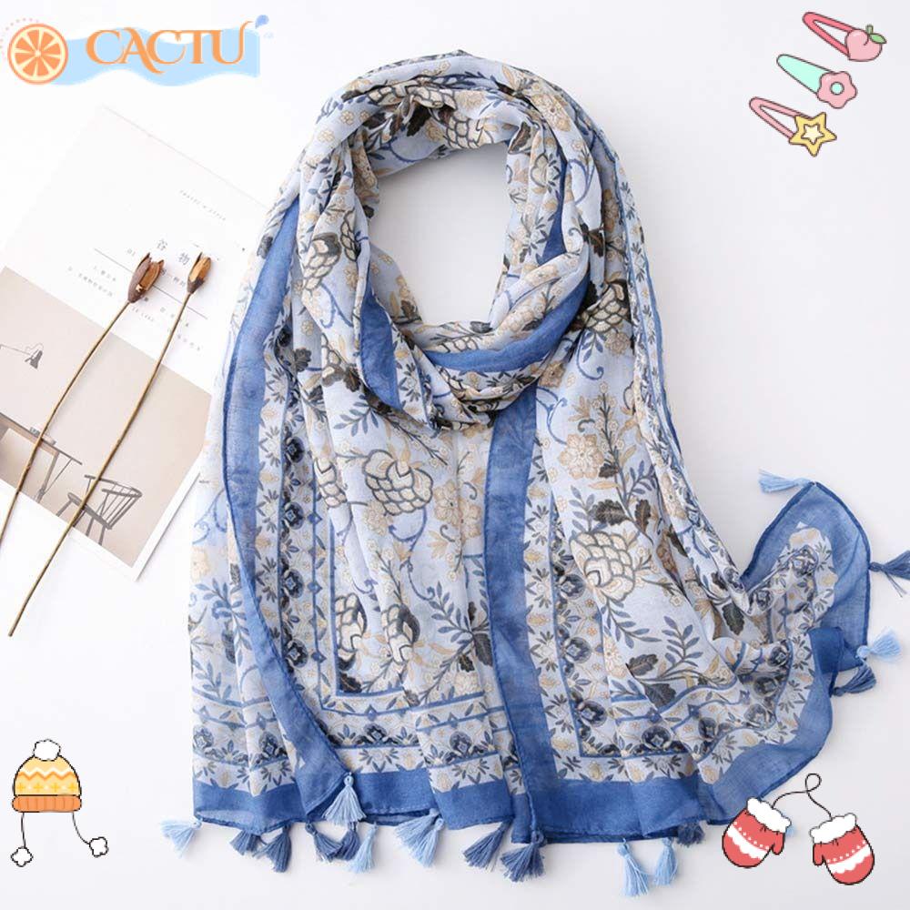 CACTU Khăn Choàng Mỏng Mềm Mại In Họa Tiết Hoa Có Tua Rua