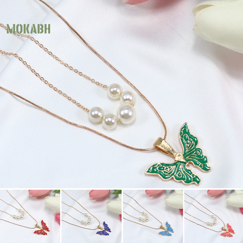 [Mok Abh] Vòng cổ Nhiều Lớp Mặt Hình Bướm Và Ngọc Trai Nhân Tạo Thời Trang Dành Cho Nữ