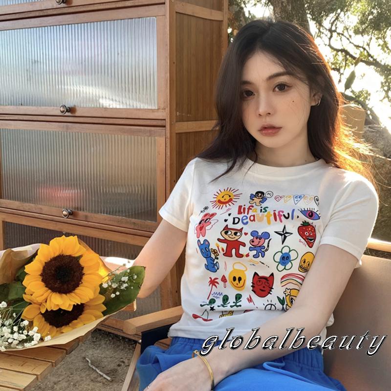 Áo Thun Tay Ngắn Cổ Tròn In Họa Tiết Hoạt Hình Phong Cách Đường Phố Cho Nữ