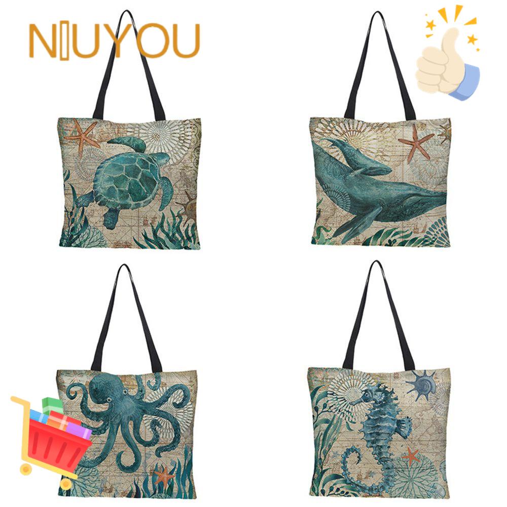 NIUYOU Túi Tote Đeo Vai Vải Lanh In Hình Bạch Tuộc Thân Thiện Với Môi Trường