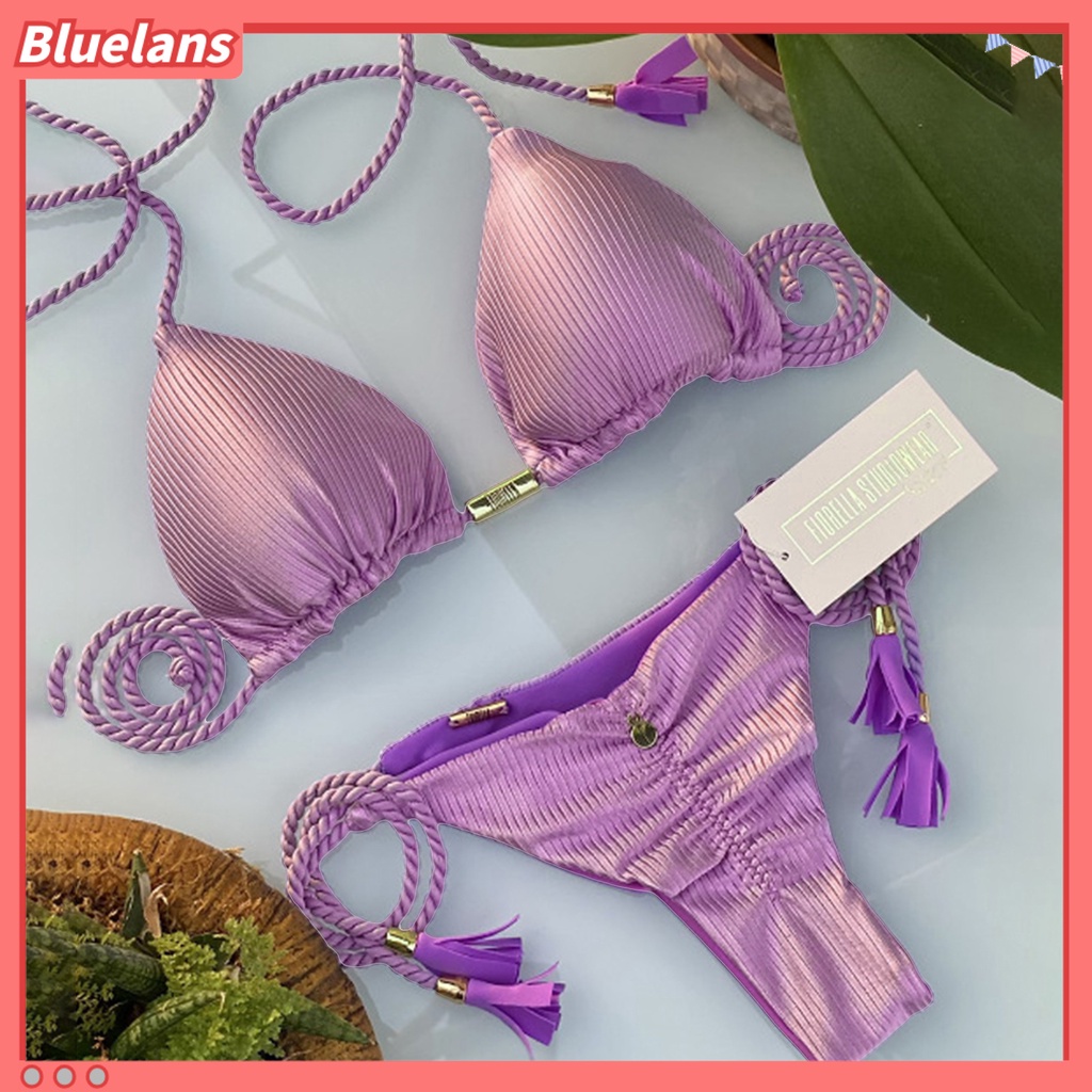 Bộ Đồ Bơi 2 Mảnh Vải Mềm Màu Trơn Có Mút Đệm Dành Cho Nữ