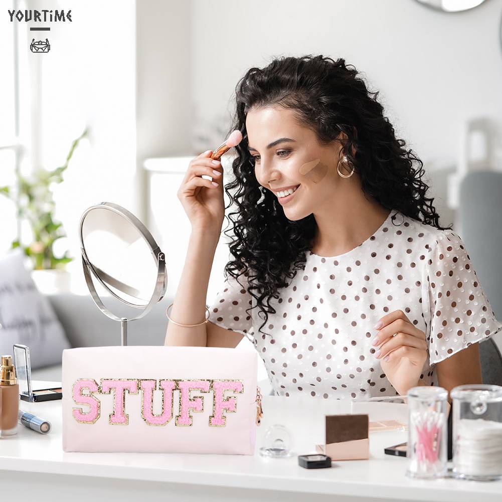 Túi Đựng Mỹ Phẩm Da PU Đa Năng Có Khóa Kéo In Chữ Thời Trang Cho Nữ