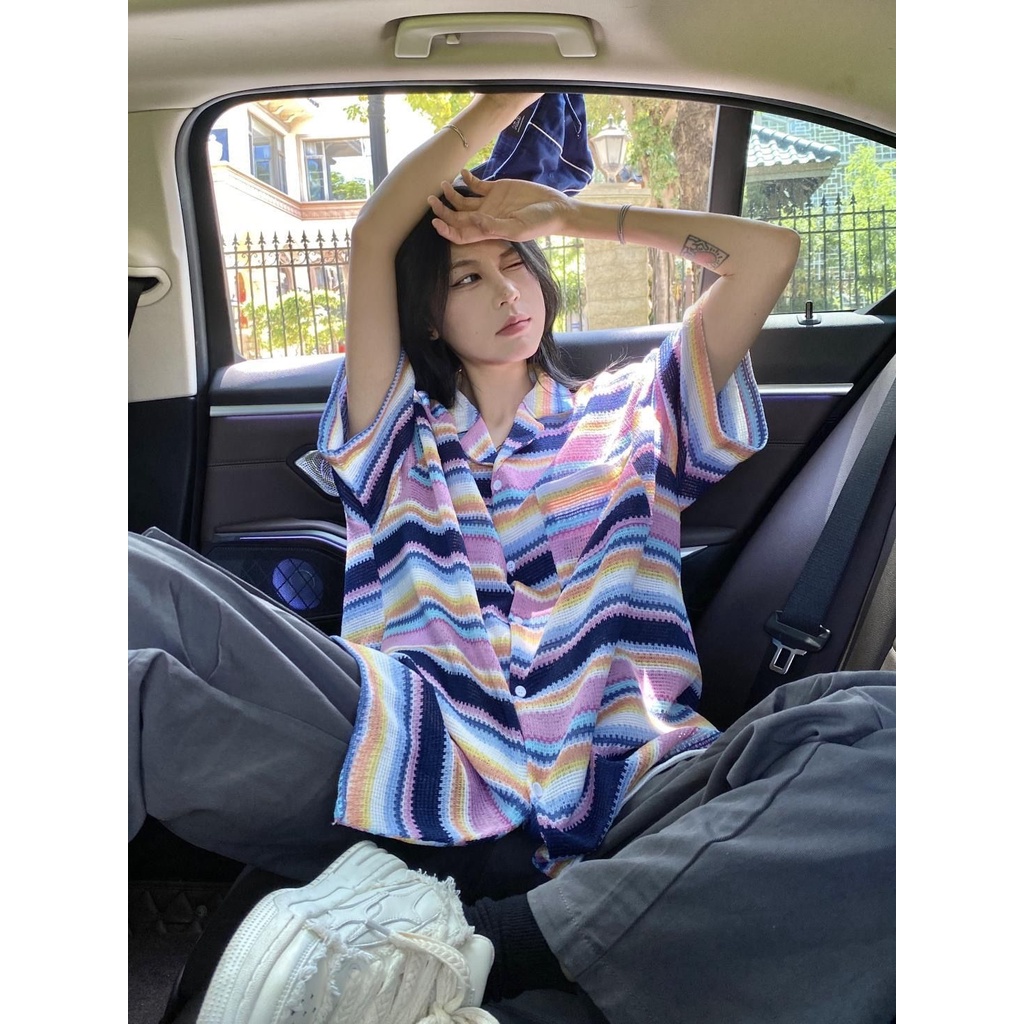 Áo Sơ Mi Dệt Kim Tay Ngắn Kẻ Sọc Màu Sắc Tương Phản Thời Trang Mùa Hè Cho Nam Và Nữ