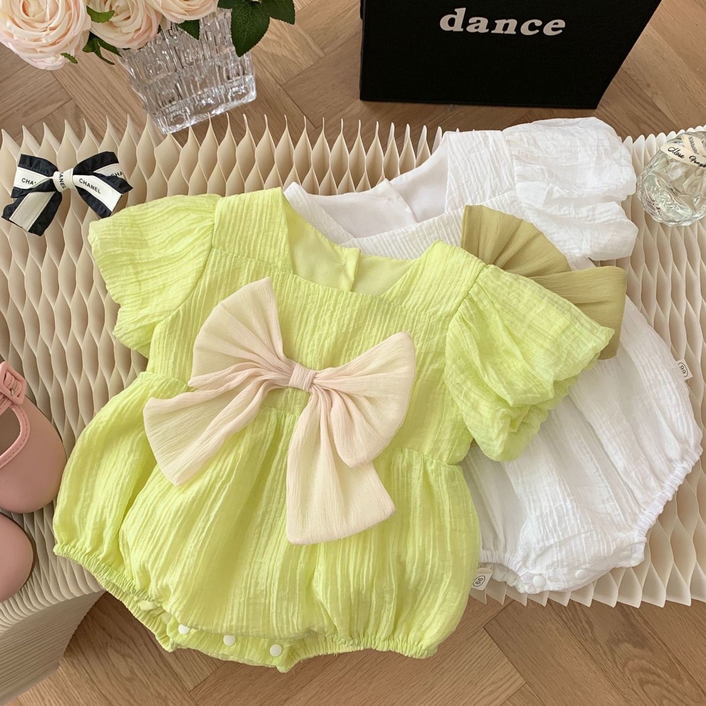 Bộ Áo Liền Quần Tay Ngắn Đính Nơ Siêu Dễ Thương Phong Cách Hàn Quốc Thời Trang Mùa Hè Cho Bé Gái 0-18 Tháng