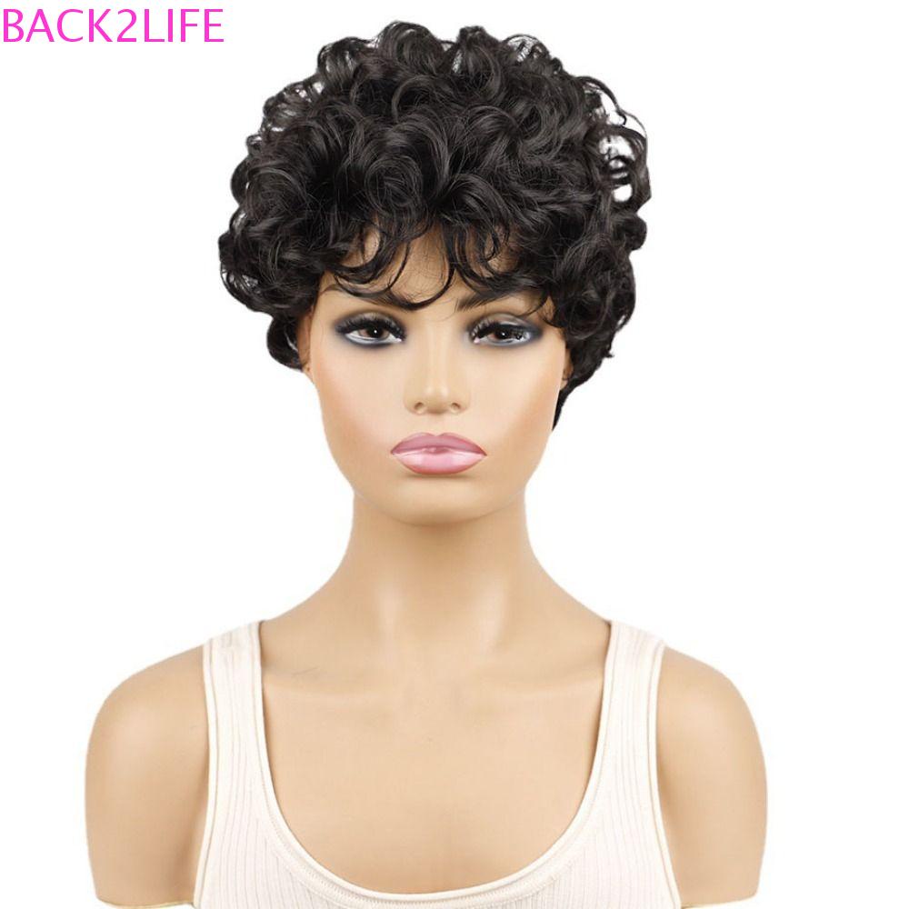 BACK2LIFE Bộ Tóc Giả Ngắn Xoăn Bồng Bềnh Màu Đen Thời Trang Dành Cho Nữ