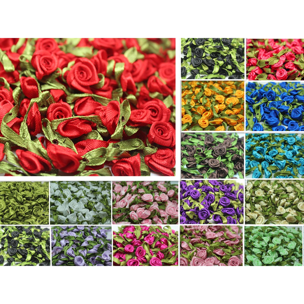 DIY 50PCS Satin Ribbon Rose Flower DIY Craft Wedding Appliques 12mm DIY Trim Garment Sewing Accessories LY