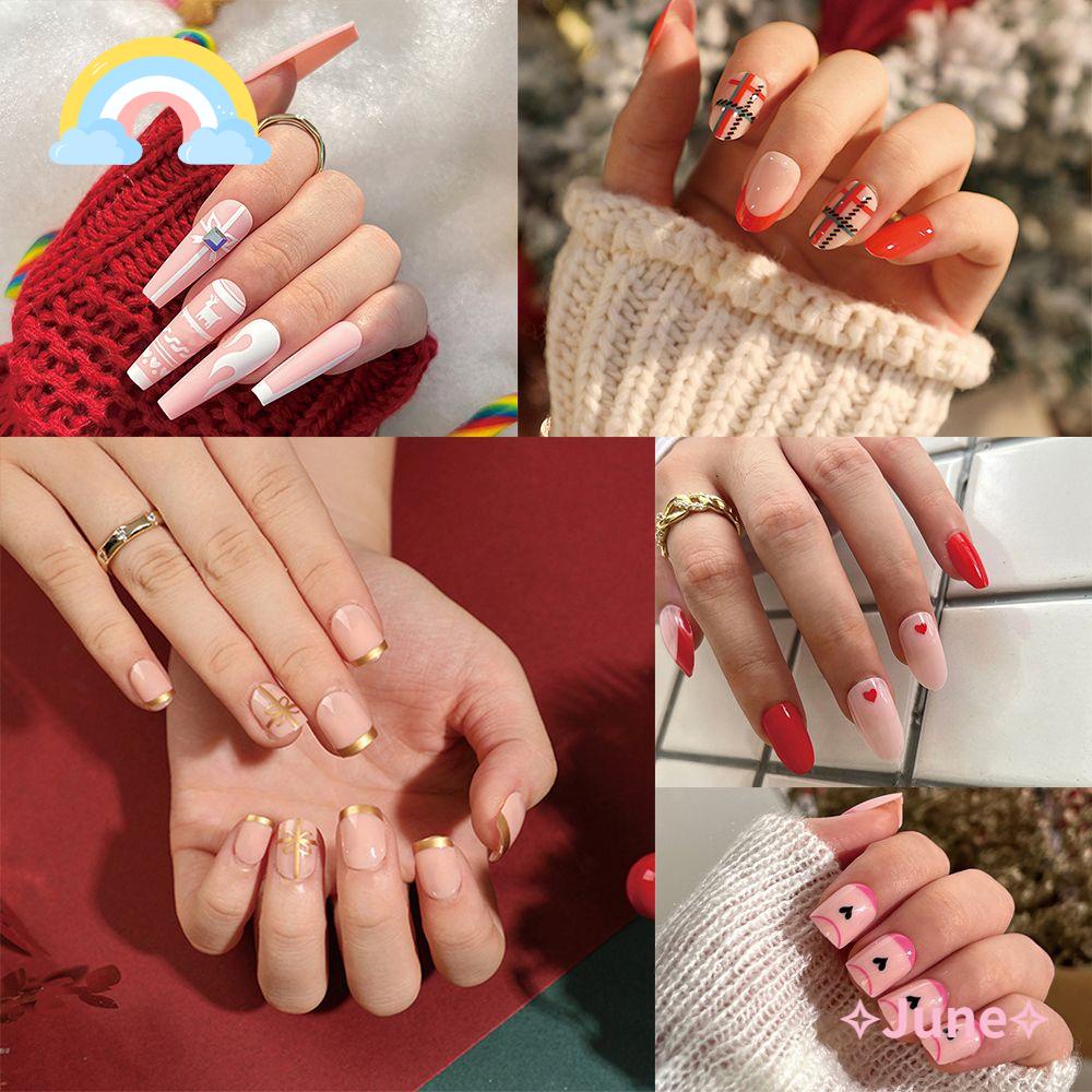 JUNE Bộ 24 Móng Tay Giả Họa Tiết Giáng Sinh Đính Pha Lê Xinh Xắn