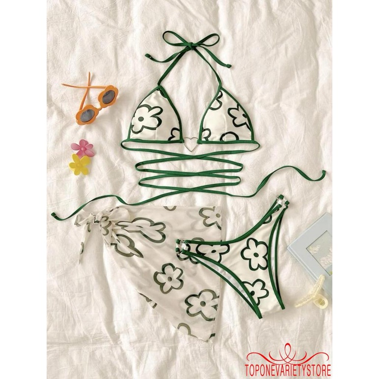 Bộ Bikini 3 Mảnh Họa Tiết Hoa Quyến Rũ Cho Nữ