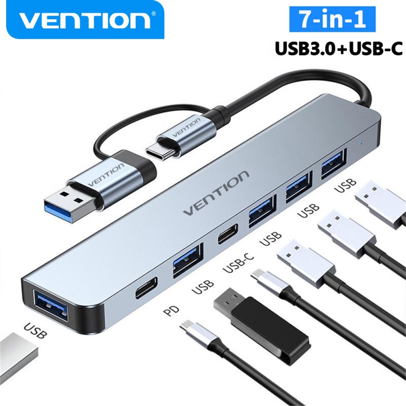 Vention Hub Chia Cổng USB C Hub 8 Trong 1 Type C Sang USB 2.0 USB 3.0 3.5mm Có Đầu Đọc Thẻ SD / TF Cho Laptop PC