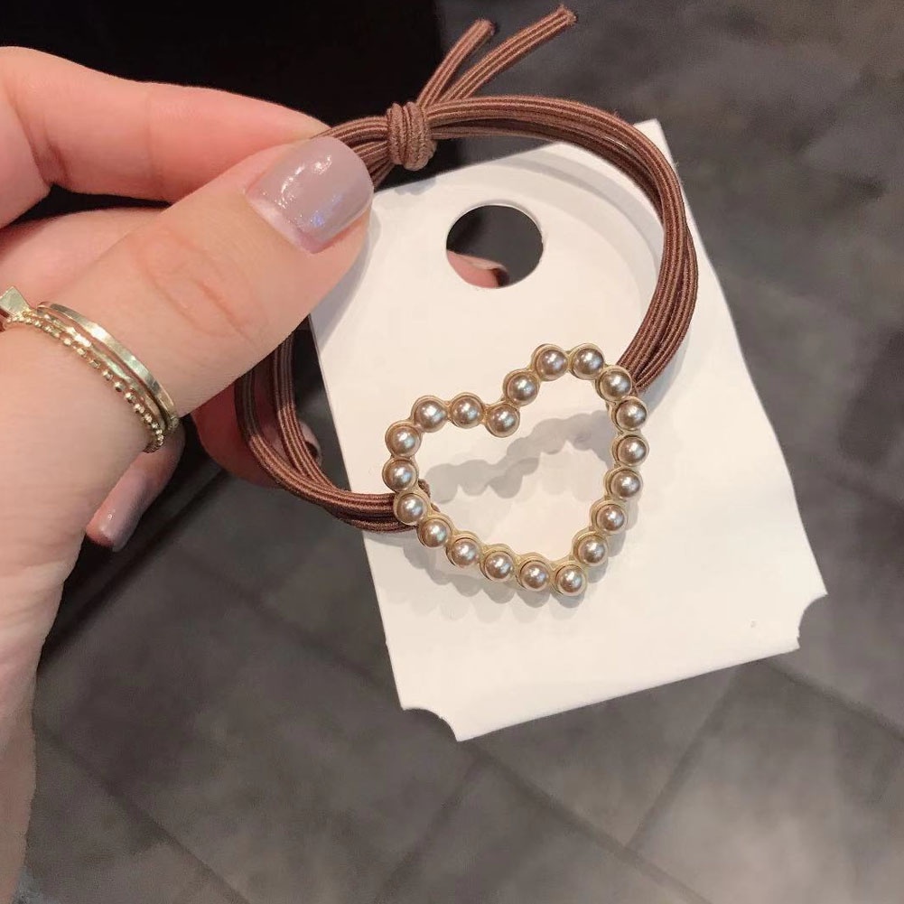1 Dây Buộc Tóc Da Đính Ngọc Trai Hình Trái Tim Phong Cách Retro Pháp