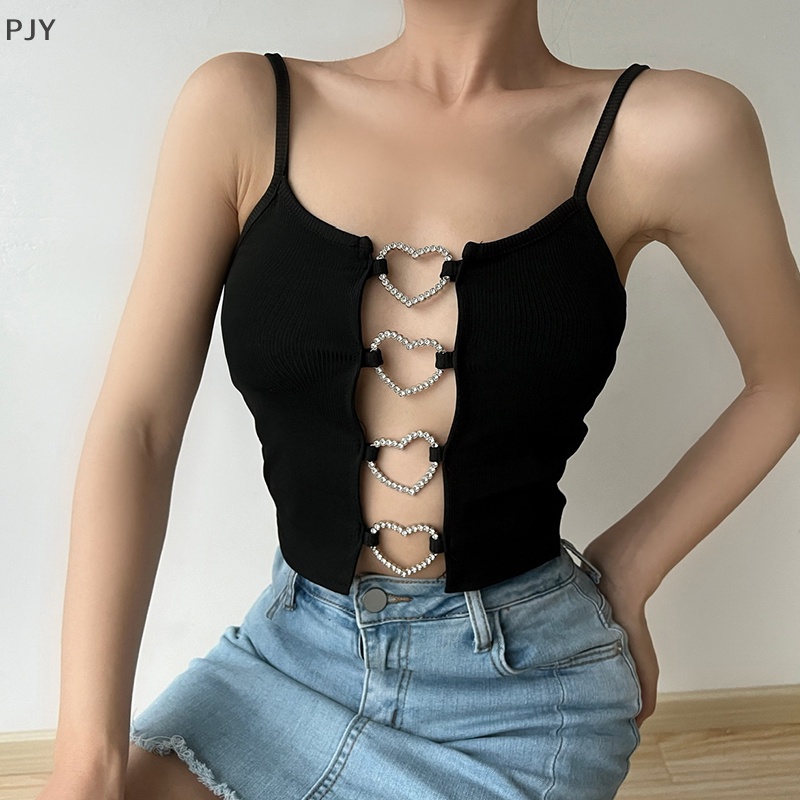 Pjy Y2k s Áo Crop Top Không Tay Khoét Lỗ Phối Vòng Kim Loại Gợi Cảm PJ