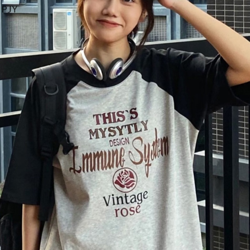 Áo Thun Ngắn Tay Cổ Tròn Dáng Rộng In Chữ Phối Màu Tương Phản Thời Trang Mùa Hè Cho Nữ PJ