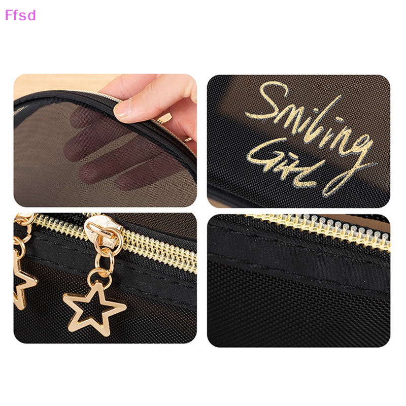 {Ffsd} Túi Lưới Đựng Mỹ Phẩm Trang Điểm Màu Đen Và Trái Tim Nhỏ Gọn Có Khóa Kéo * Bán Chạy