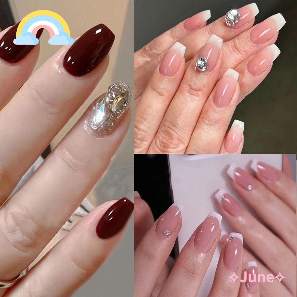 JUNE Bộ 24 Móng Tay Giả Che Phủ Toàn Diện Đính Pha Lê Xinh Xắn