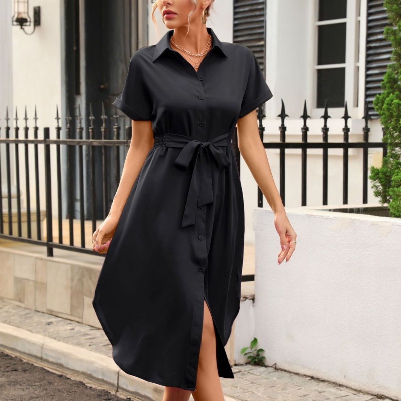 Đầm Midi Ngắn Tay Dáng Rộng Cài Nút Thắt Eo Thời Trang Mùa Hè Cho Nữ