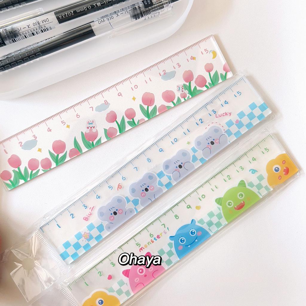 Thước kẻ mica trong suốt TK02 KAMI in hình dễ thương 15cm, thước nhựa học sinh sinh viên