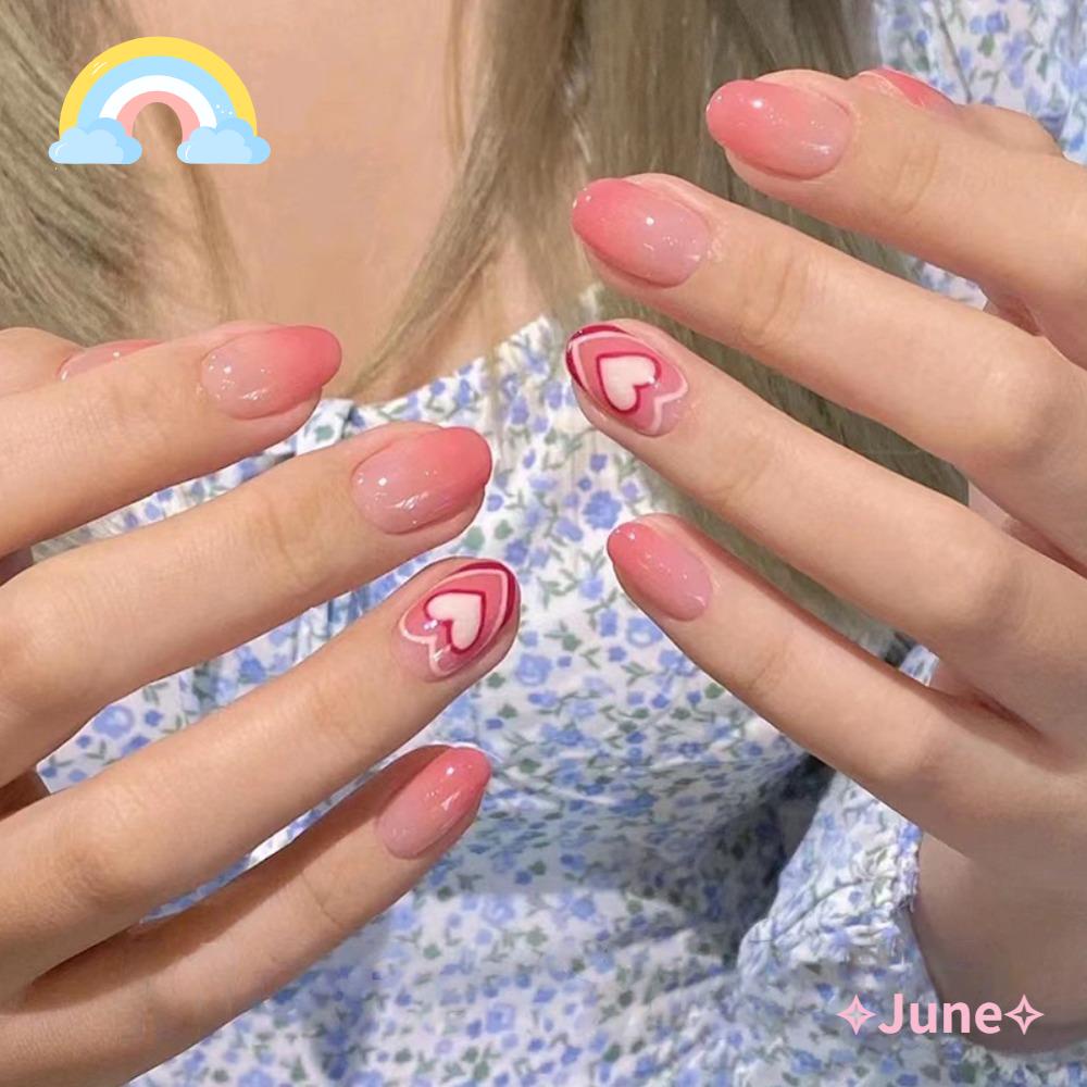 JUNE Bộ Móng Tay Giả Ngắn Đầu Vuông Bằng ABS Che Phủ Toàn Diện Màu Hồng Gradient Có Thể Tháo Rời Cho Nữ
