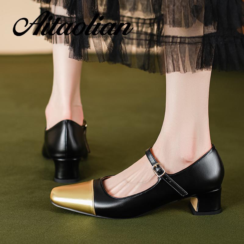 Giày Cao Gót 4cm Da Thật Mũi Vuông Kiểu retro Anh Xinh Xắn Cho Nữ