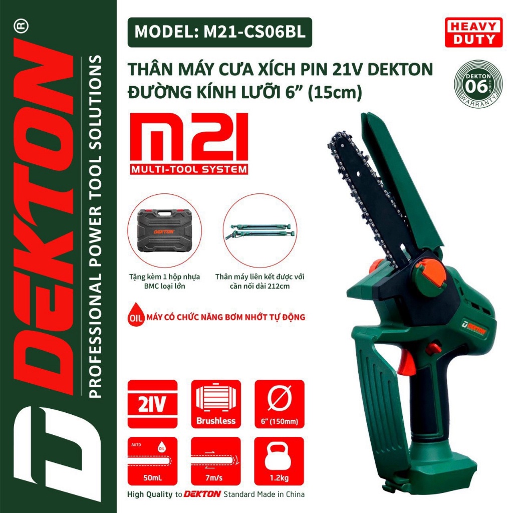 Máy cưa xích dùng pin DEKTON M21-CS06BL sử dụng chân pin thông dụng m21 GIÁ TỐT CHẤT LƯỢNG cm