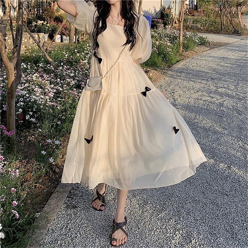 Đầm Midi Dáng Chữ A Cổ Tròn Tay Phồng Đính Nơ Thời Trang Mùa Hè Cho Bạn Gái PJ