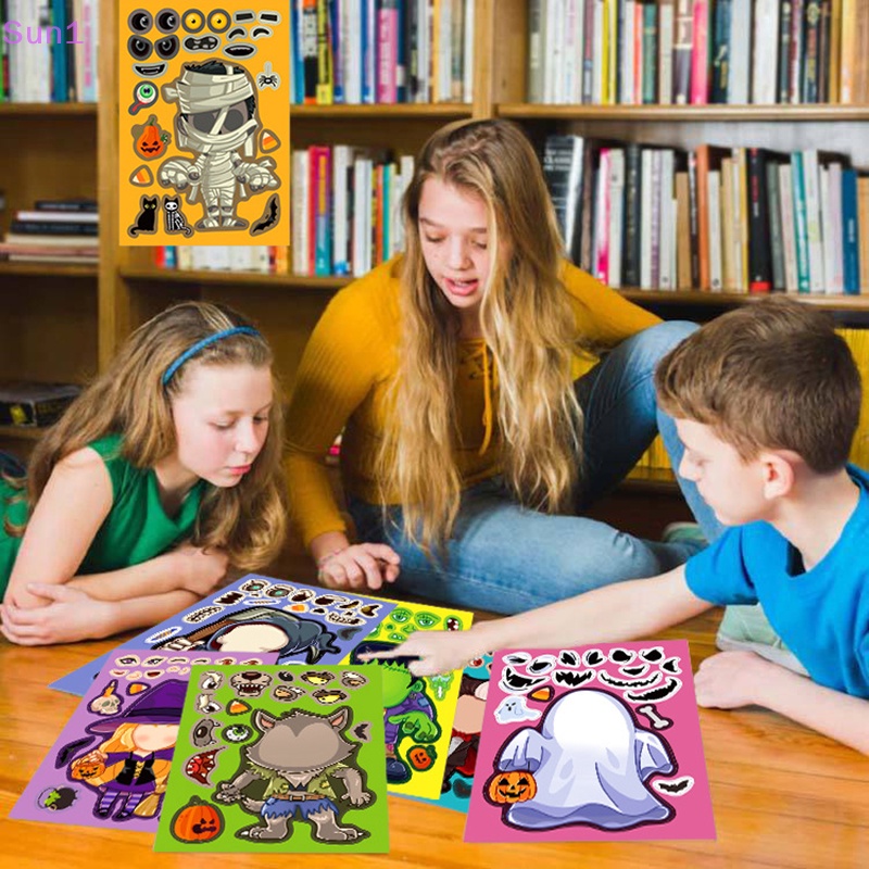 Set 8 Nhãn Dán Trang Trí Nhật Ký / Điện Thoại / Tủ Lạnh / Guitar / Laptop Họa Tiết Mặt Cười Halloween DIY Sun1 &gt;
