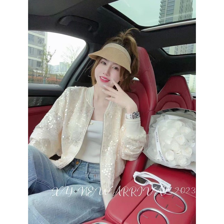 Áo Khoác Bóng Chày Mỏng Dáng Ngắn Đính Kim Sa Lấp Lánh Thời Trang Xuân Hè Cho Nữ