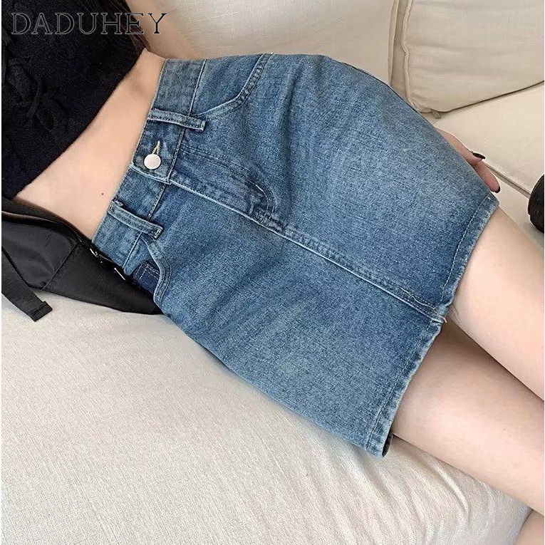 Chân váy denim DADUHEY ôm hông kiểu chữ A cạp cao retro mỏng thời trang phong cách Hàn Quốc