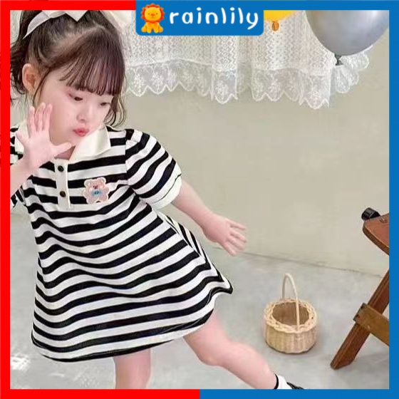Đầm polo Dáng Chữ A Kẻ Sọc Trắng Đen Phong Cách Hàn Quốc Thời Trang Mùa Hè Xinh Xắn Cho Bé Gái