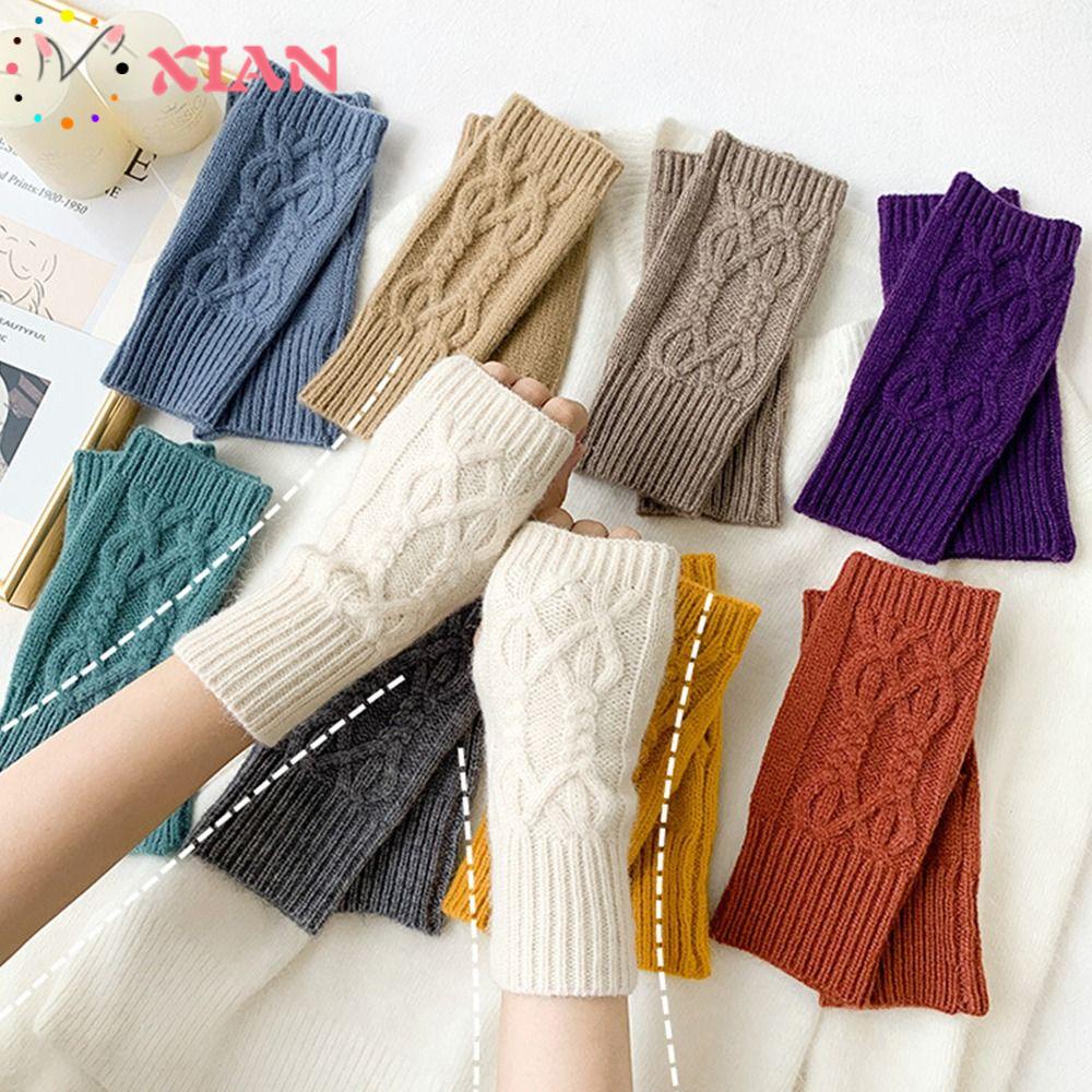 XIANTIN Găng Tay Len Hở Ngón Dày Dặn Ấm Áp Xinh Xắn Cho Nữ