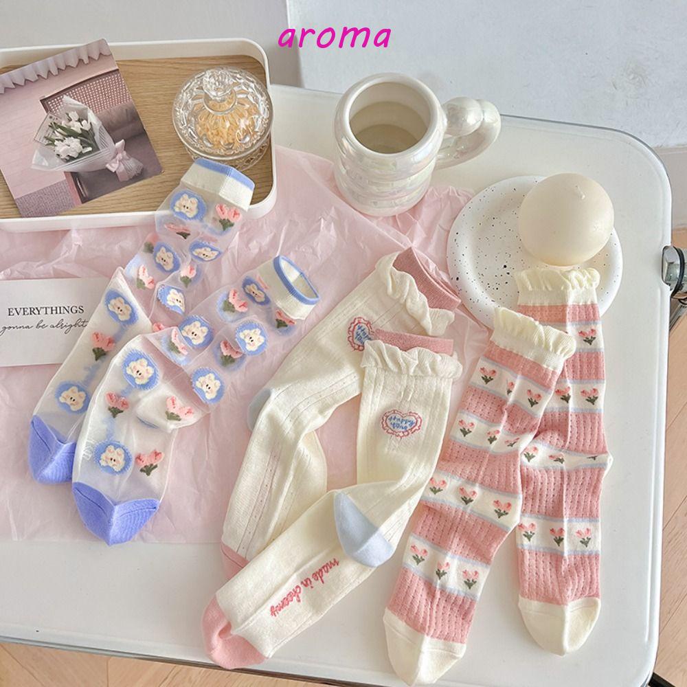 AROMA Vớ Lụa Thủy Tinh Mỏng Trong Suốt Thoáng Khí Chống Mài Mòn Họa Tiết Sọc Trái Tim Thỏ Cho Nữ